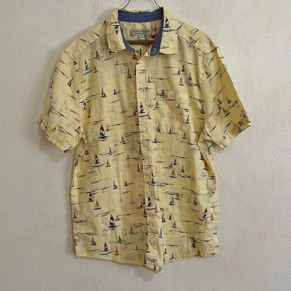 Island Republic Light Yellow Short Sleeve Button Down Sail Boat Print Shirt Xl